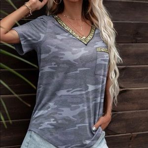 Patch Pocket Contrast Sequin Camo Tee